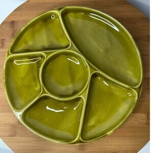 Vintage Mid Century Modern Gien France Divided Plate Olive Green Glazed 9"